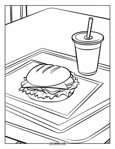 Coloriage de restaurant pour enfants : Un sandwich et une boisson sont posés soigneusement sur un plateau dans un espace calme