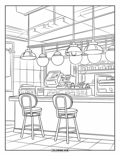Coloriage de restaurant pour enfants : Comptoir d'un sandwich shop avec des tabourets, une caisse enregistreuse et des lampes suspendues