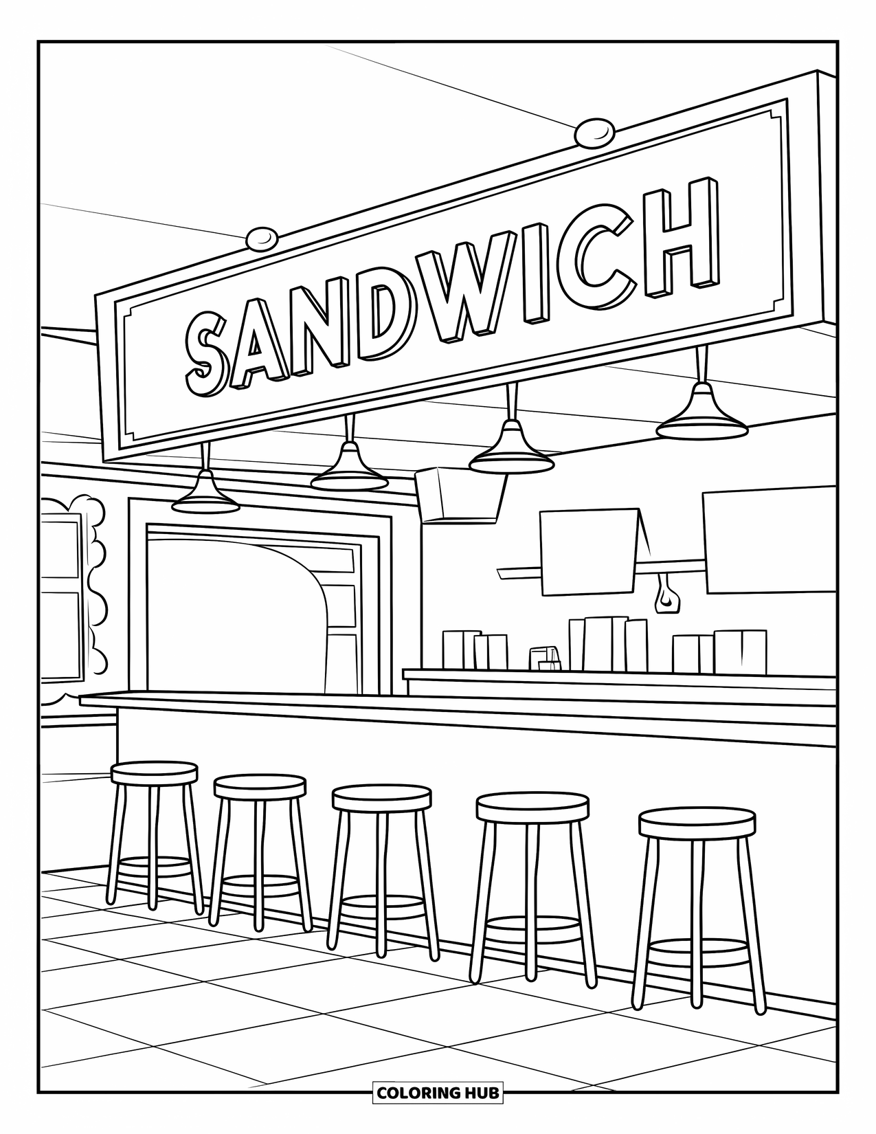 Restaurant Coloring Page for Kids: Sandwich shop interior with bar stools, counter, and globe lights overhead