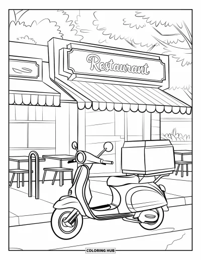 Coloriage de restaurant pour enfants : Un scooter est garé près d'un petit restaurant avec une enseigne, un râtelier à vélos et des arbres alentour