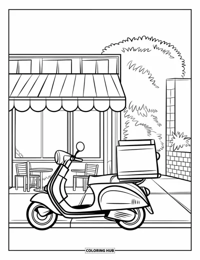 Coloriage de restaurant pour enfants : Un scooter avec un panier est garé devant un mur en briques et un auvent rayé à l'entrée d'un café