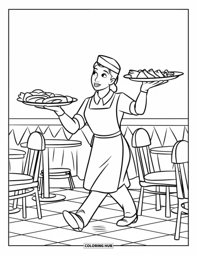 Coloriage de restaurant pour enfants : Un serveur équilibre trois plateaux en circulant entre les tables d'un restaurant au sol à damier