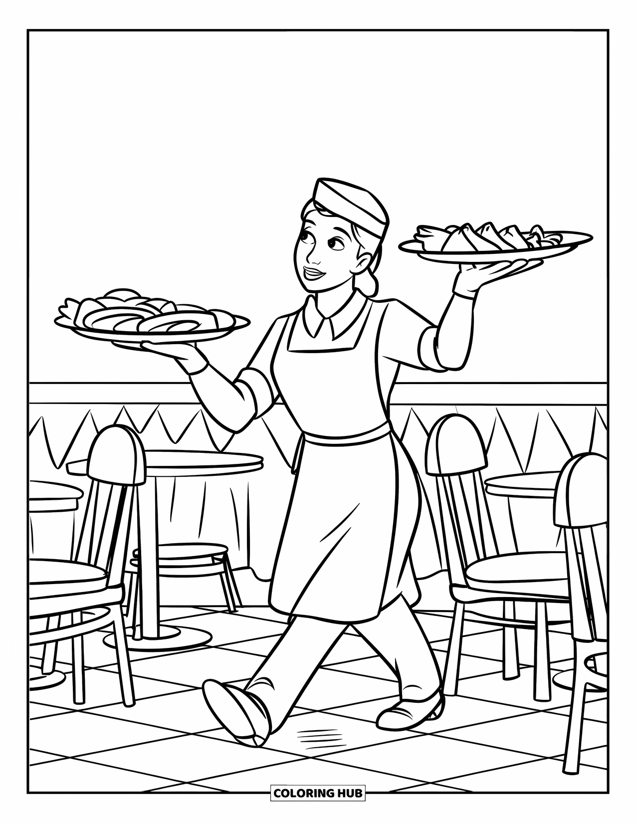 Restaurant Coloring Page for Kids: Server balances three trays while walking between tables in a checkered-floor restaurant