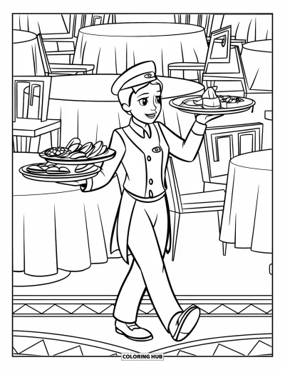 Coloriage de restaurant pour enfants : Un serveur transporte trois plateaux devant des tables dressées avec nappes à motifs