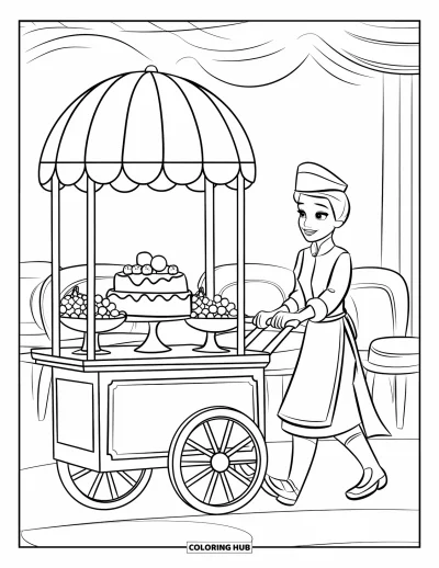 Coloriage de restaurant pour enfants : Un serveur en uniforme pousse un chariot à desserts avec fruits et viennoiseries près d'une table