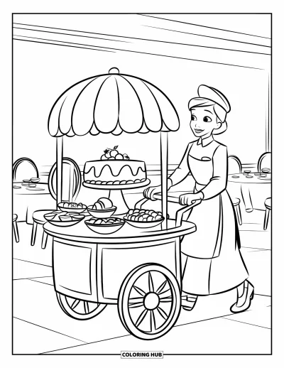 Coloriage de restaurant pour enfants : Un serveur pousse un chariot à desserts garni de gâteaux, de fruits et de biscuits dans une salle à manger