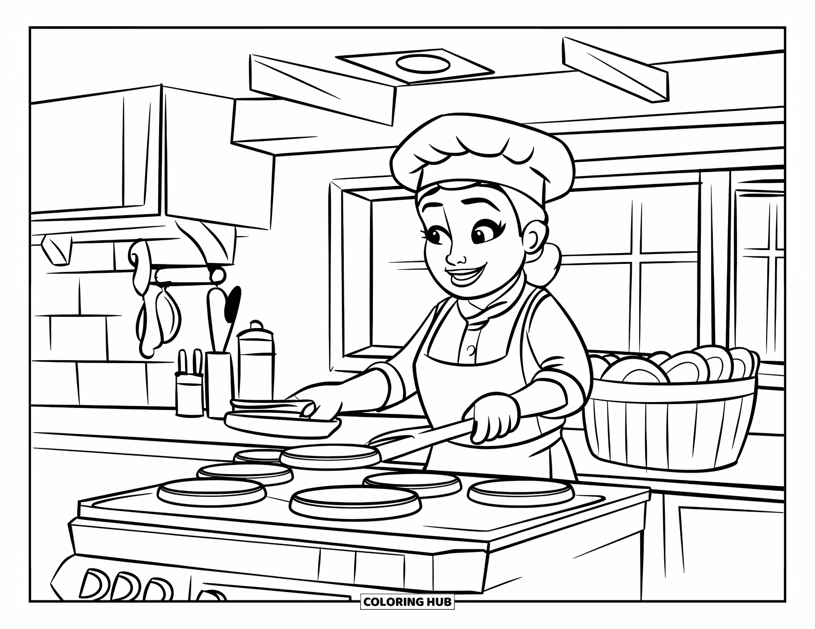 Restaurant Coloring Page for Kids: Smiling chef flips pancakes near a basket in a cozy kitchen with a window