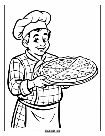 Coloriage de restaurant pour enfants : Un chef souriant en tenue à carreaux tient une pizza au pepperoni