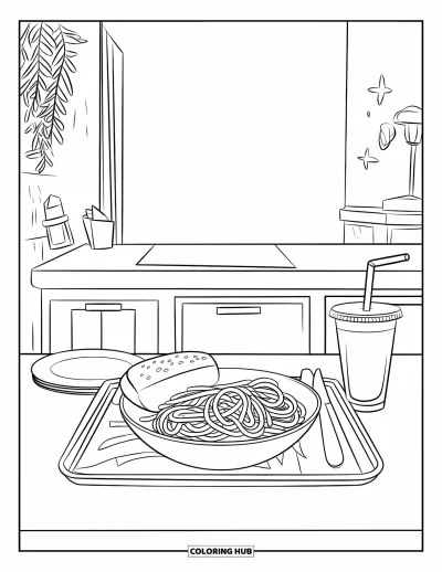 Coloriage de restaurant pour enfants : Des spaghettis, du pain à l'ail et une boisson sont posés sur un comptoir à côté d'une plante et d'une lampe