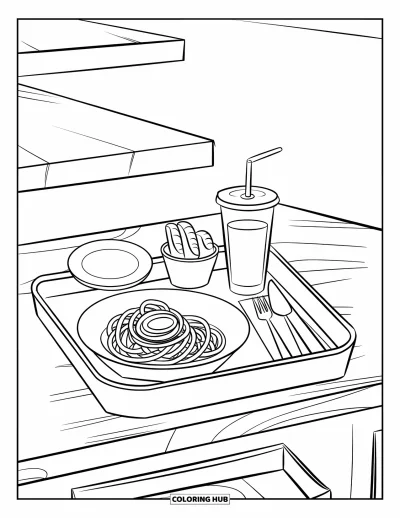 Coloriage de restaurant pour enfants : Un plateau de spaghettis avec des couverts et une boisson est posé près d'une petite fenêtre