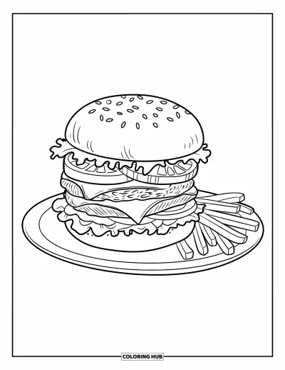 Coloriage de restaurant pour enfants : Un hamburger bien garni avec des frites est posé sur une assiette ronde dans un cadre épuré