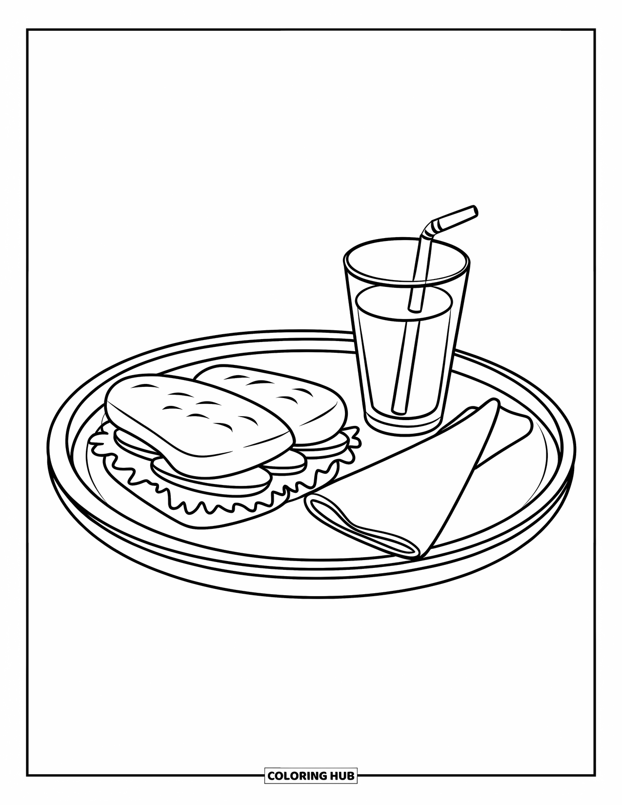 Restaurant Coloring Page for Kids: Stacked sandwich and drink with straw sit on a tray with a folded napkin