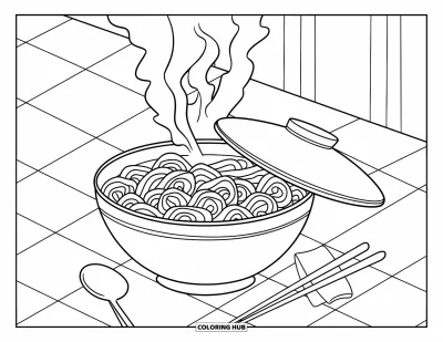 Coloriage de restaurant pour enfants : Des nouilles fumantes dans un bol avec des baguettes et une cuillère sur une table à carreaux