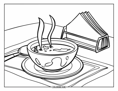 Coloriage de restaurant pour enfants : Une soupe fumante est posée sur un tapis à côté d'une cuillère et d'un porte-serviettes