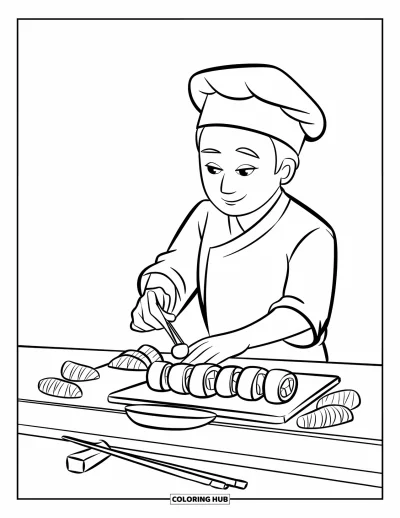 Coloriage de restaurant pour enfants : Un chef sushi prépare des rouleaux au comptoir avec des baguettes à portée de main