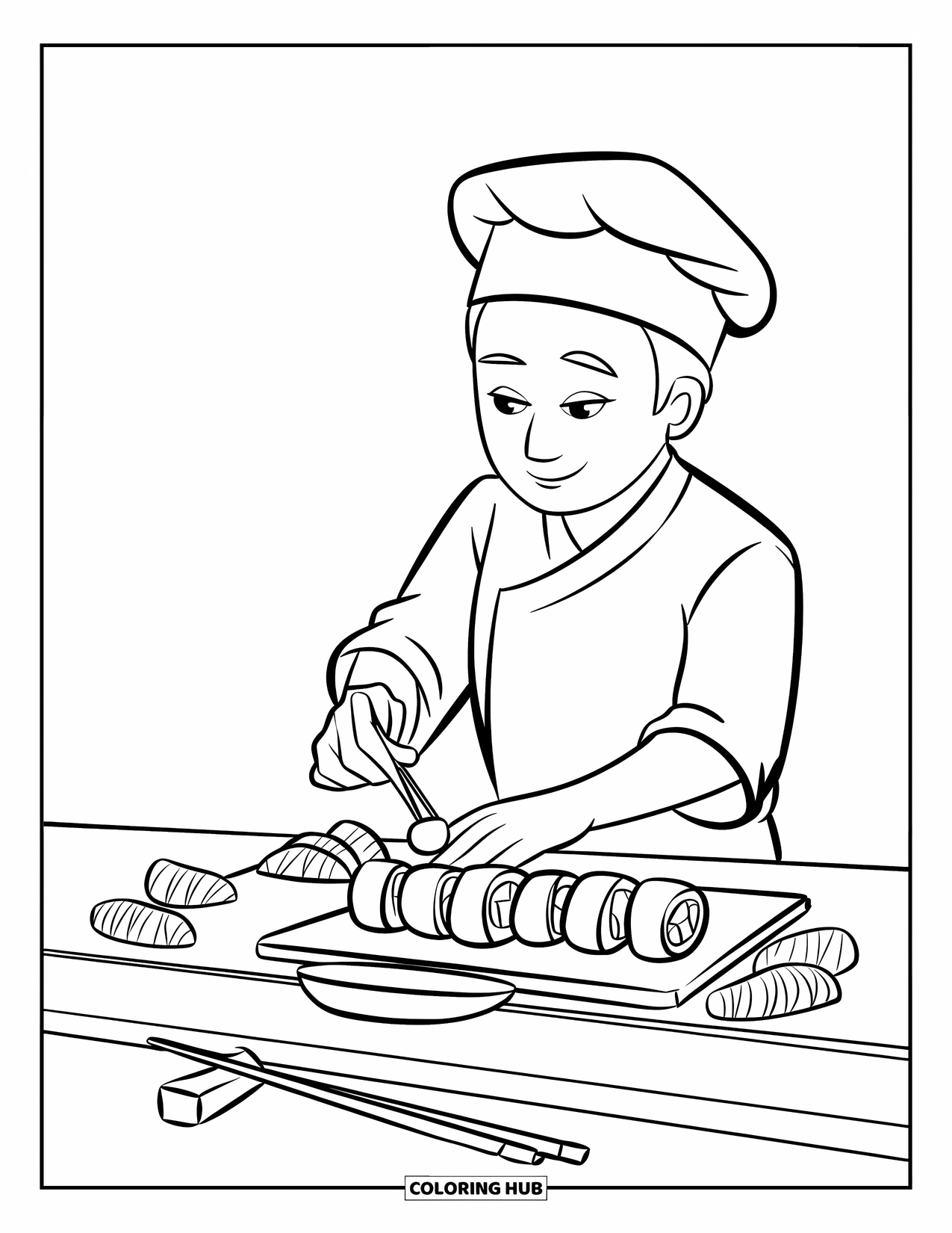 Restaurant Coloring Page for Kids: Sushi chef prepares rolls at a counter with chopsticks nearby