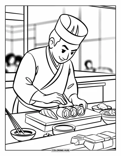 Coloriage de restaurant pour enfants : Un chef sushi découpe des ingrédients frais avec de la sauce soja et des baguettes à proximité