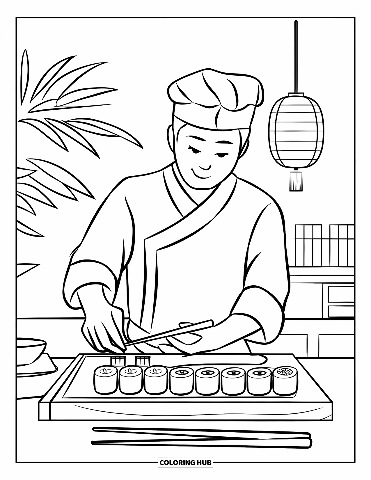 Restaurant Coloring Page for Kids: Sushi chef works near a plant and lantern with chopsticks on the counter