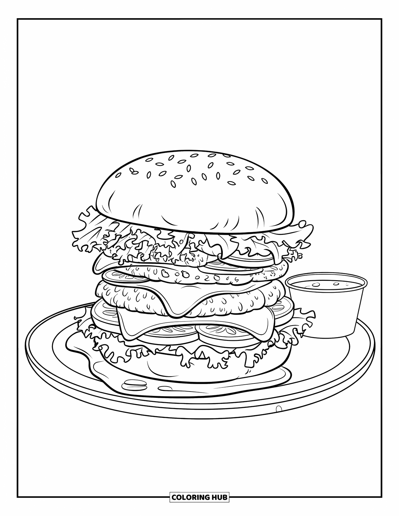 Restaurant Coloring Page for Kids: Tall burger with layers sits on a plate with a small sauce cup nearby