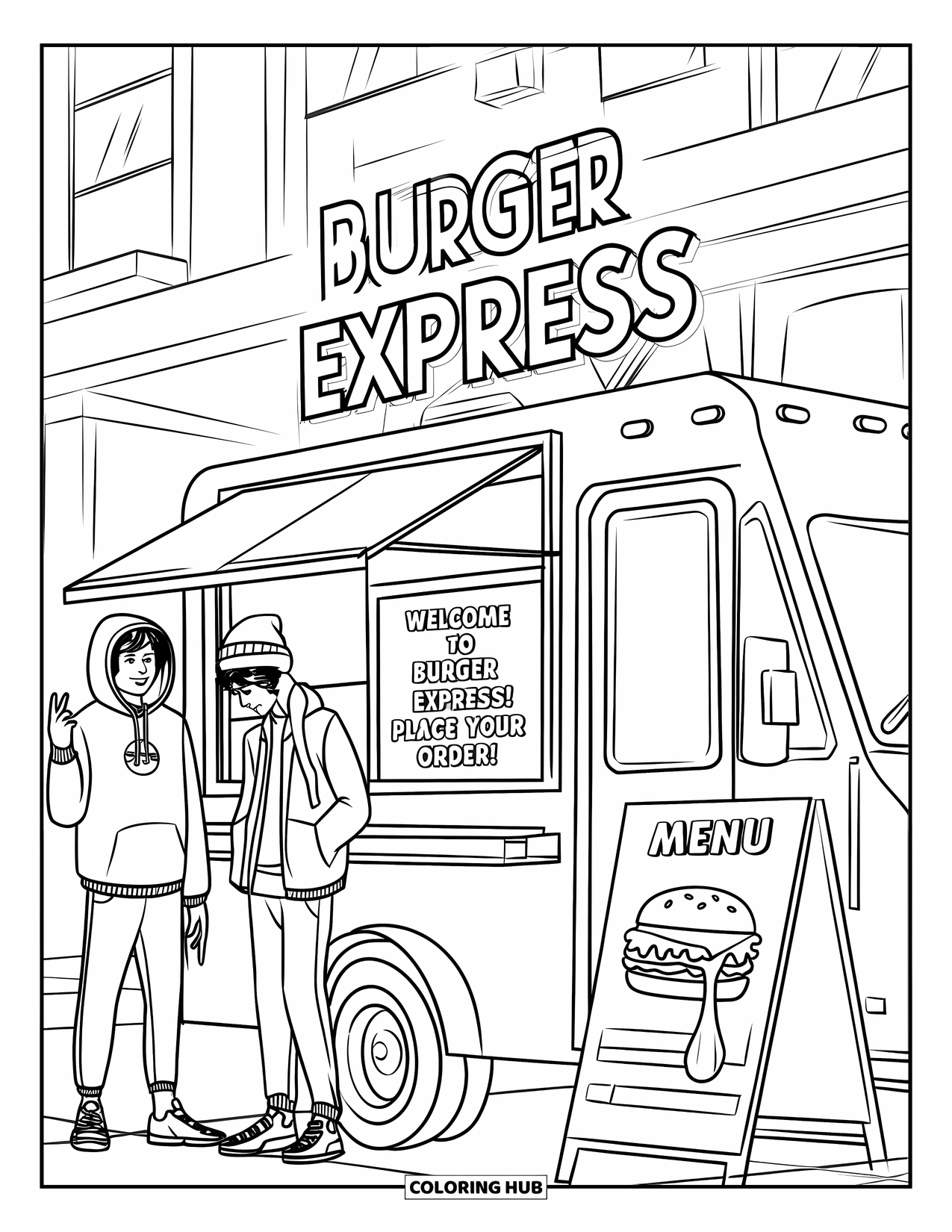 Restaurant Coloring Page for Kids: Teens order from "Burger Express" near a city street with buildings and a big menu