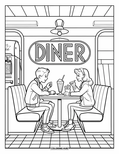 Coloriage de restaurant pour enfants : Des adolescents partagent des frites et un milkshake dans un box avec un distributeur de sodas et une enseigne