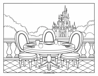 Coloriage de restaurant pour enfants : Trois sièges vides entourent une table dressée avec vue sur un château en arrière-plan