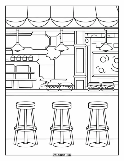 Coloriage de restaurant pour enfants : Trois tabourets et des sandwichs sont installés sous des lampes suspendues dans un sandwich shop accueillant