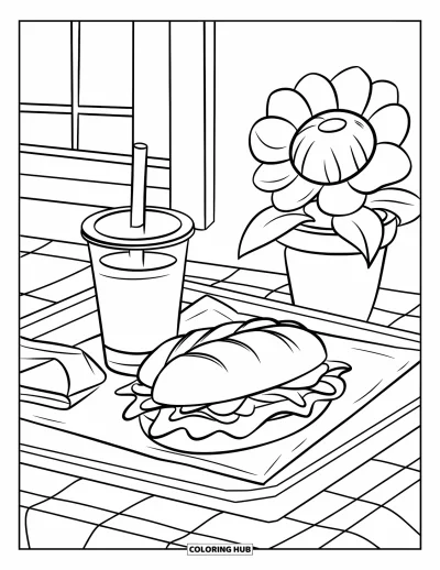 Coloriage de restaurant pour enfants : Un plateau avec un sandwich, une boisson et une serviette est posé près d'un pot de fleurs sur une table