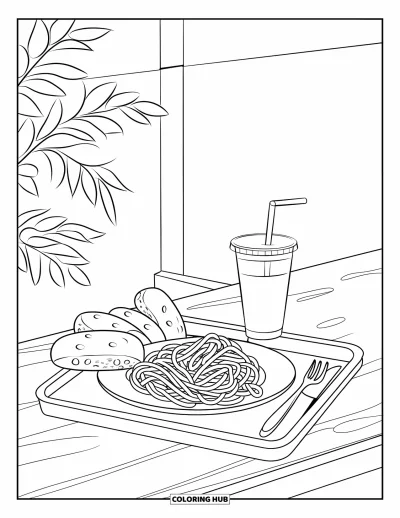 Coloriage de restaurant pour enfants : Un plateau de spaghettis, de pain à l'ail et d'une boisson repose sur un comptoir en bois