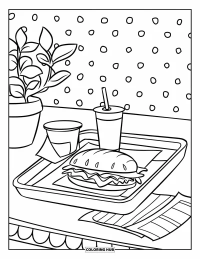 Coloriage de restaurant pour enfants : Un plateau avec un sandwich et une serviette est posé à côté d'une petite plante en pot