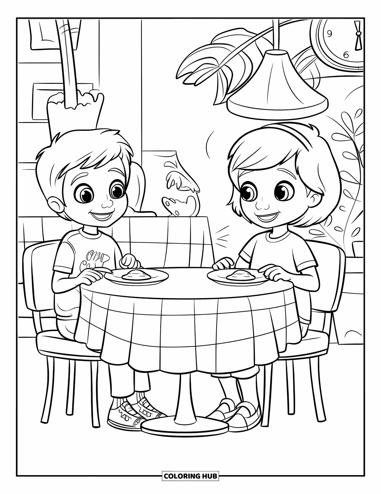 Restaurant Coloring Page for Kids: Two kids sit at a table with a checkered cloth, waiting for food