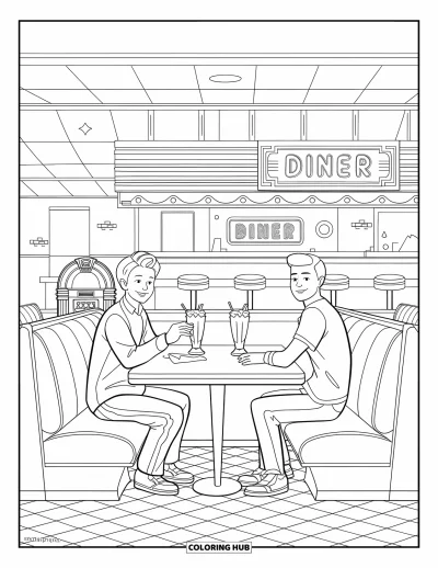 Coloriage de restaurant pour enfants : Deux adolescents sont assis dans un box de restaurant rétro avec des milkshakes, des frites et un jukebox