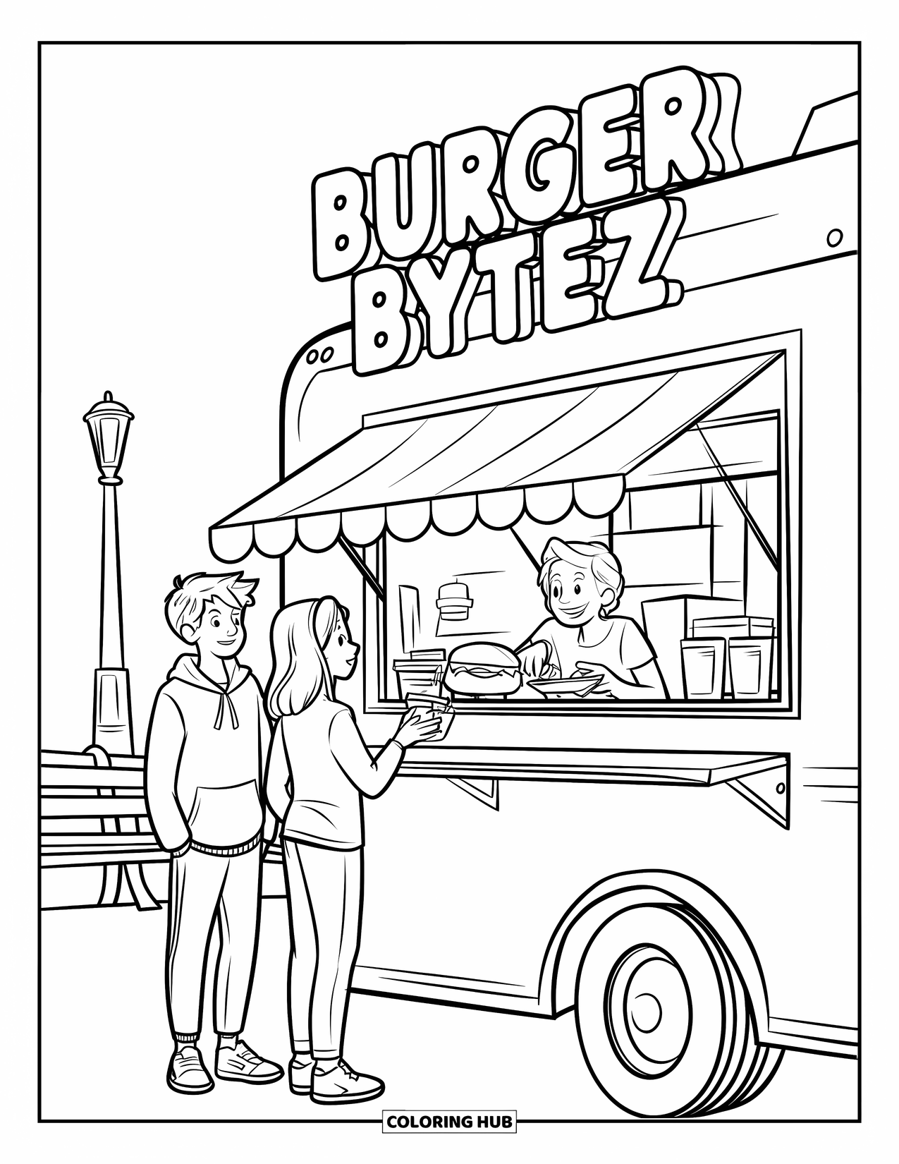 Restaurant Coloring Page for Kids: Two teens stand near a food truck labeled "Burger Bytez" while placing an order
