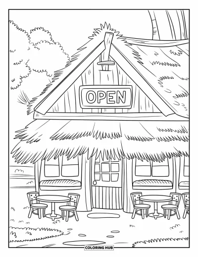Coloriage de restaurant pour enfants : Un restaurant en bois avec une enseigne « Open » dispose de tables et de chaises en terrasse parmi les arbres
