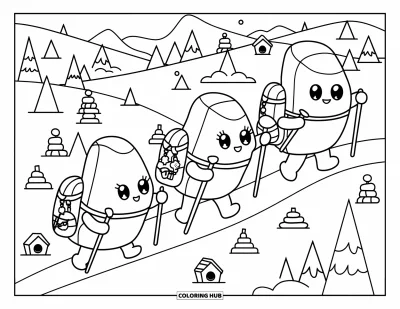 Coloriage de rochers pour adultes : D'adorables randonneurs-rochers qui avancent sur un sentier entouré d'arbres et de nichoirs