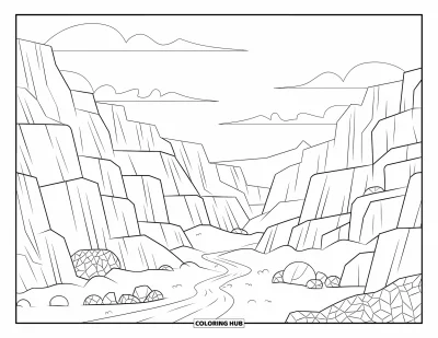 Coloriage de rochers pour adultes : Des falaises de canyon avec un sentier sinueux, de petits arbres et des motifs de roches détaillés