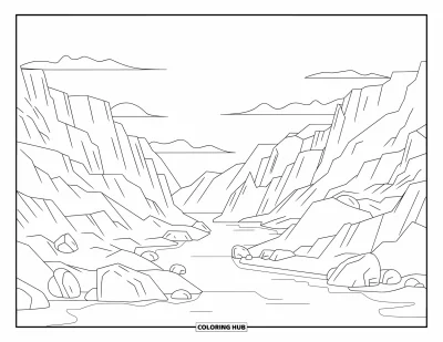 Coloriage de rochers pour adultes : Des falaises de canyon avec des rochers et une rivière calme qui coule en contrebas