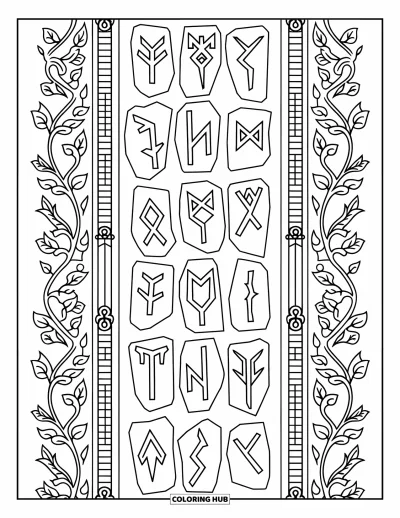 Coloriage de rochers pour adultes : Un mur de pierres runiques gravées avec des symboles détaillés et des bordures fleuries en forme de vignes