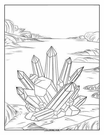 Coloriage de rochers pour adultes : Des rochers cristallins avec un motif rayonnant au bord d'un lac paisible et de la verdure