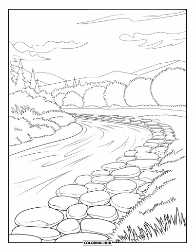 Coloriage de rochers pour adultes : Une rive courbe avec des pierres plates, de la verdure, des montagnes et de douces nuages