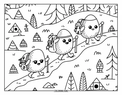 Coloriage de rochers pour adultes : De mignons randonneurs-rochers qui sourient en grimpant un sentier de montagne avec des nichoirs et des cairns