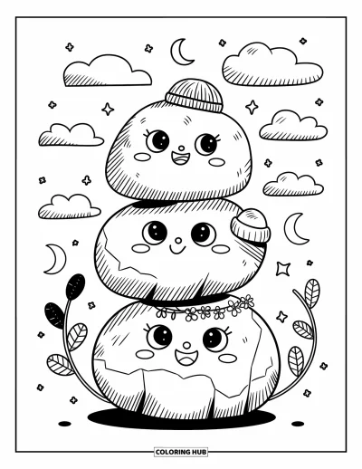 Coloriage de rochers pour adultes : Un trio de rochers mignons en équilibre sous un ciel nocturne entouré de nuages et de lunes