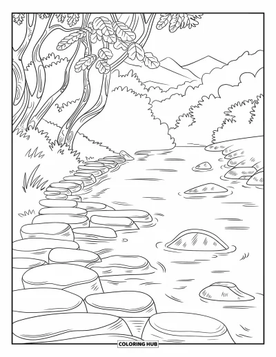 Coloriage de rochers pour adultes : Des pierres plates superposées au bord d'une rivière brumeuse avec des arbres tordus et des montagnes