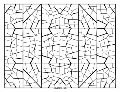 Coloriage de rochers pour adultes : Des fissures de pierres formant une grille de carrés avec des lignes entrecroisées et ondulées