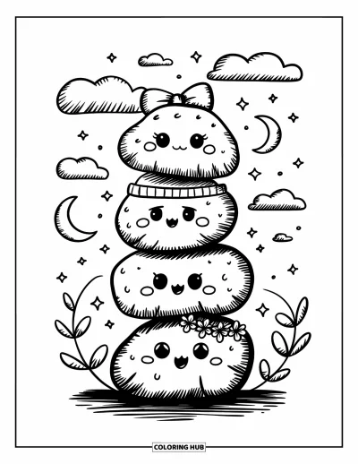 Coloriage de rochers pour adultes : Des rochers empilés et espiègles sous un ciel nocturne avec des nœuds, des bonnets, des couronnes et des vignes