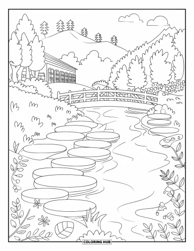 Coloriage de rochers pour adultes : Un bord de rivière avec des pierres plates, un pont en bois, des arbres, des fleurs et une montagne en toile de fond