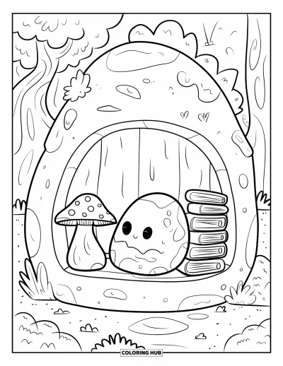 Coloriage de rochers pour adultes : Un personnage-rocher lovè en train de lire sous une lampe-champignon dans une maison de galets