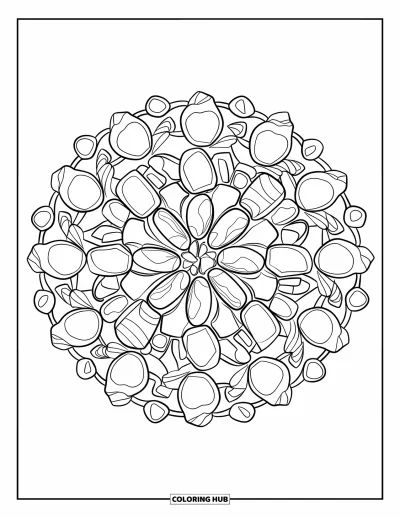 Coloriage de rochers pour adultes : Un design de mandala en roches aux formes de pierres variées dans un motif circulaire complexe