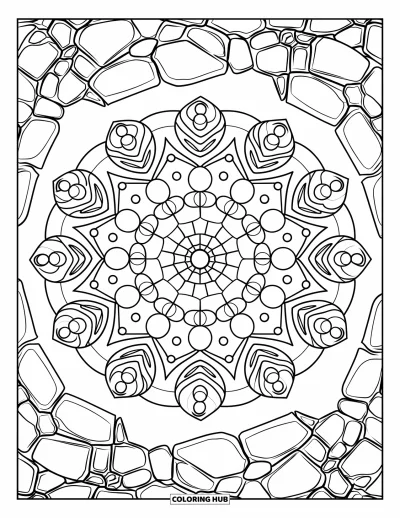 Coloriage de rochers pour adultes : Un mandala en roches avec des spirales, des cercles et des éléments artistiques détaillés