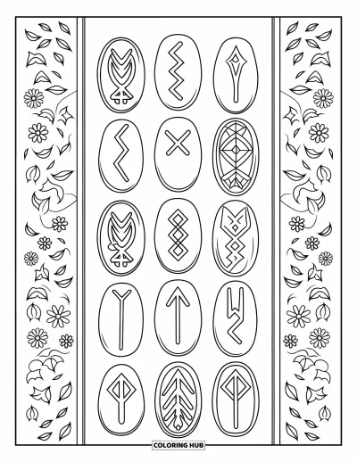 Coloriage de rochers pour adultes : Un mur de pierres runiques avec des gravures complexes, des symboles et des bordures fleuries